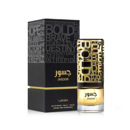 Lattafa Jasoor 100ml perfume spray bottle showcasing premium design details