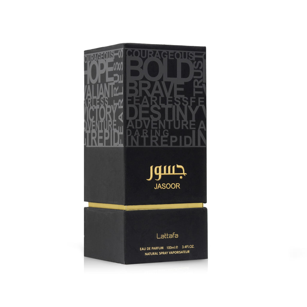 Side view of Lattafa Jasoor Eau De Parfum premium packaging box