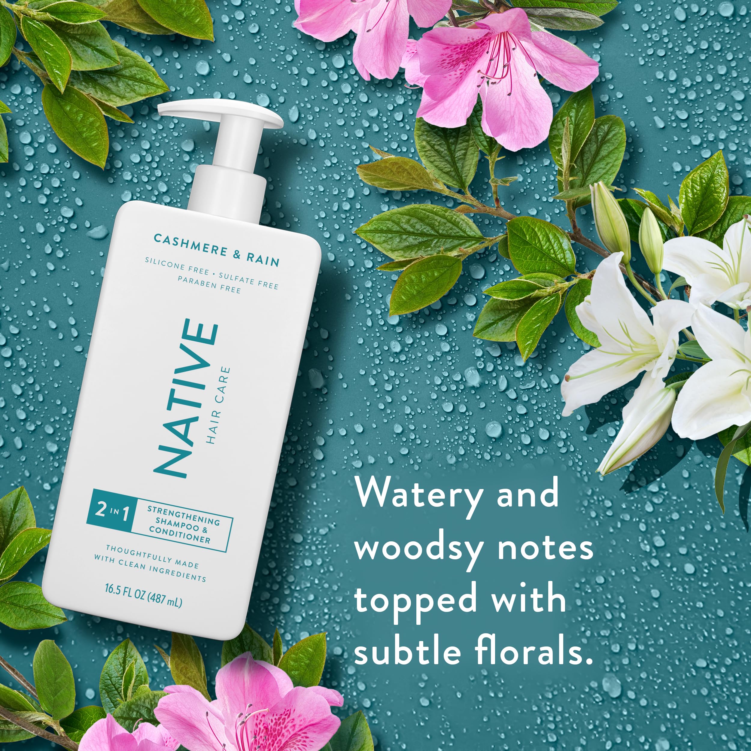 Close up of Native Cashmere and Rain branding on shampoo bottle