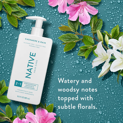 Close up of Native Cashmere and Rain branding on shampoo bottle