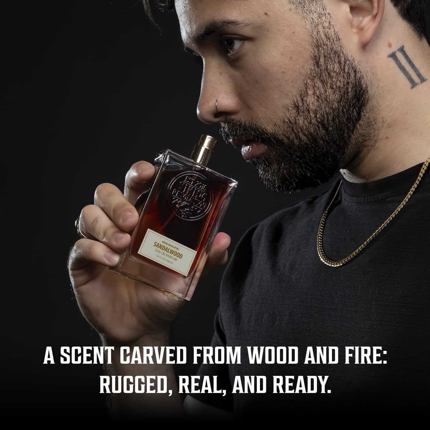 Viking Revolution Eau de Parfum 3.5 Fluid Ounce bottle displaying the masculine sandalwood and cedar design