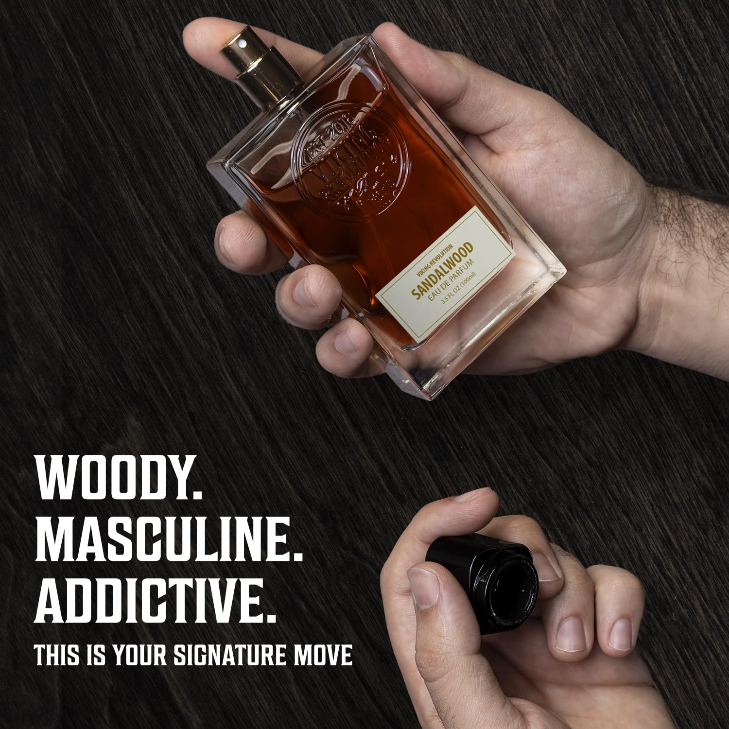 Viking Revolution Sandalwood premium perfume for men illustrating the elegant clear glass spray bottle architecture
