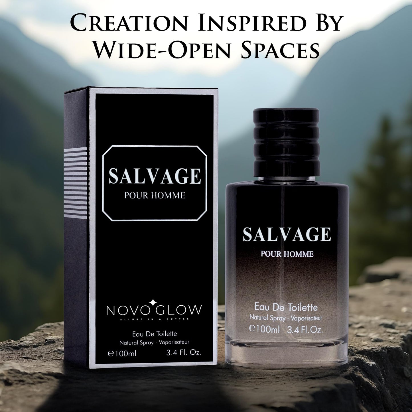 NovoGlow Salvage masculine perfume bottle standing next to its included premium suede travel pouch