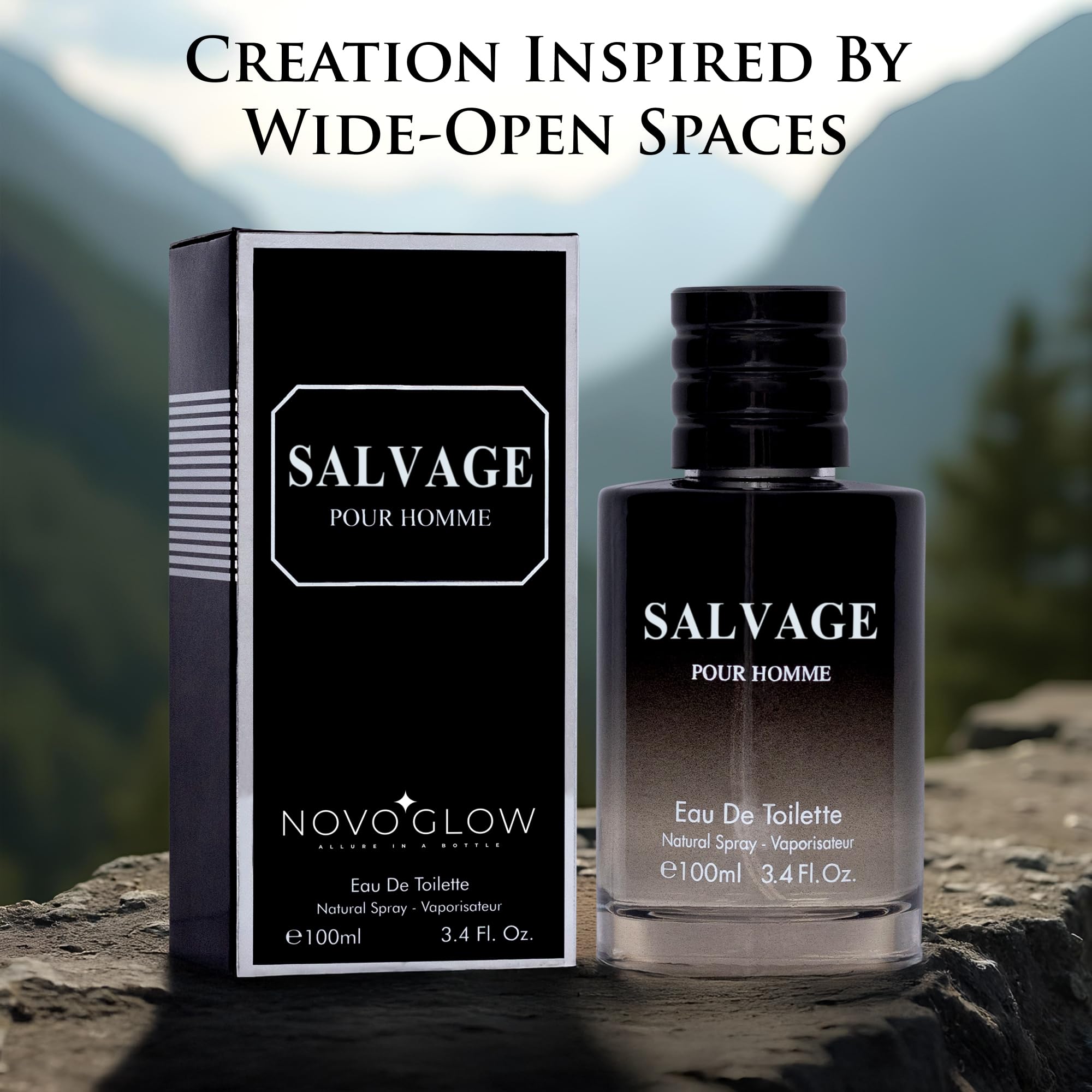 NovoGlow Salvage masculine perfume bottle standing next to its included premium suede travel pouch