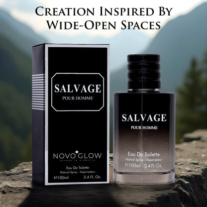 NovoGlow Salvage masculine perfume bottle standing next to its included premium suede travel pouch
