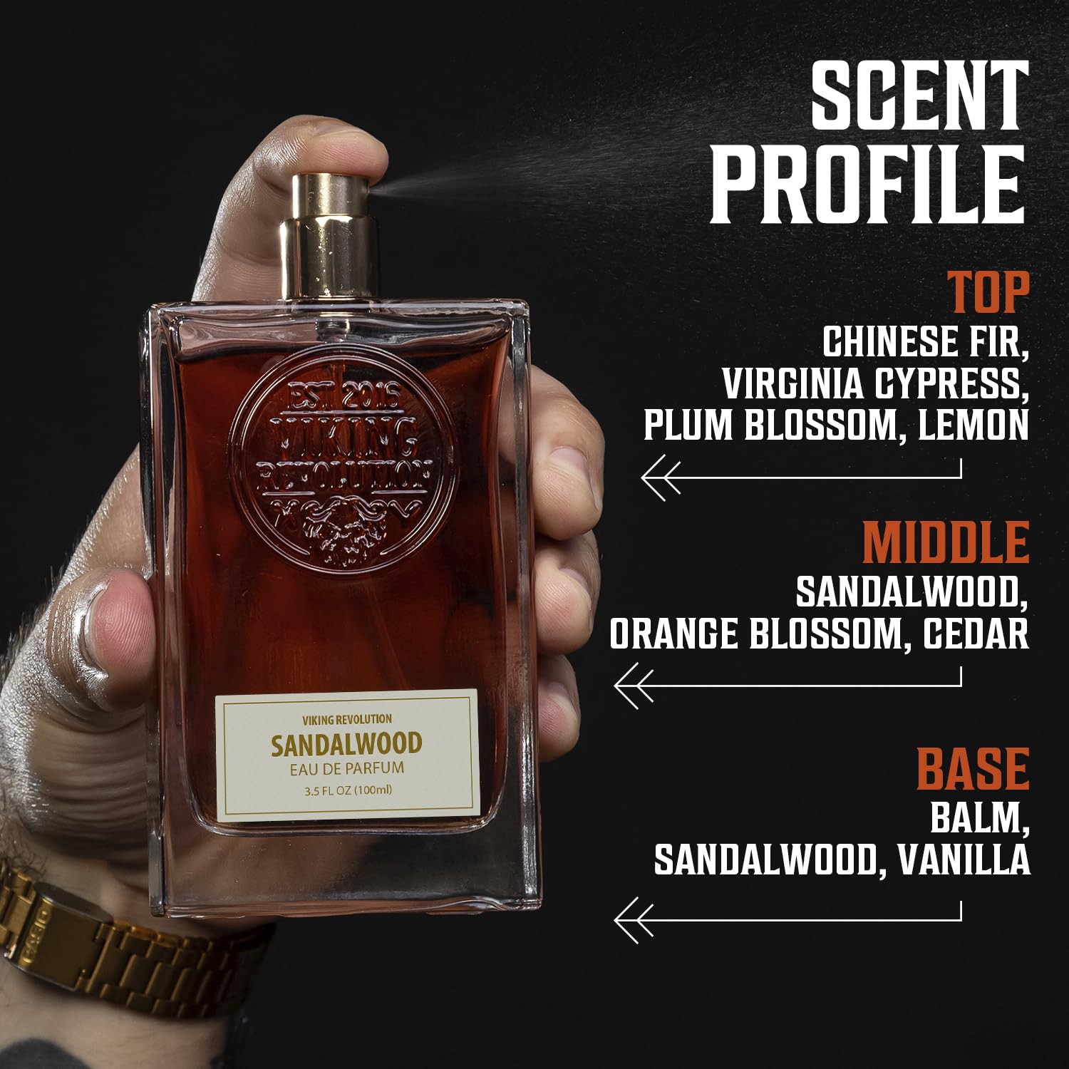 Viking Revolution signature sandalwood cologne cap and atomizer close up highlighting quality spray distribution