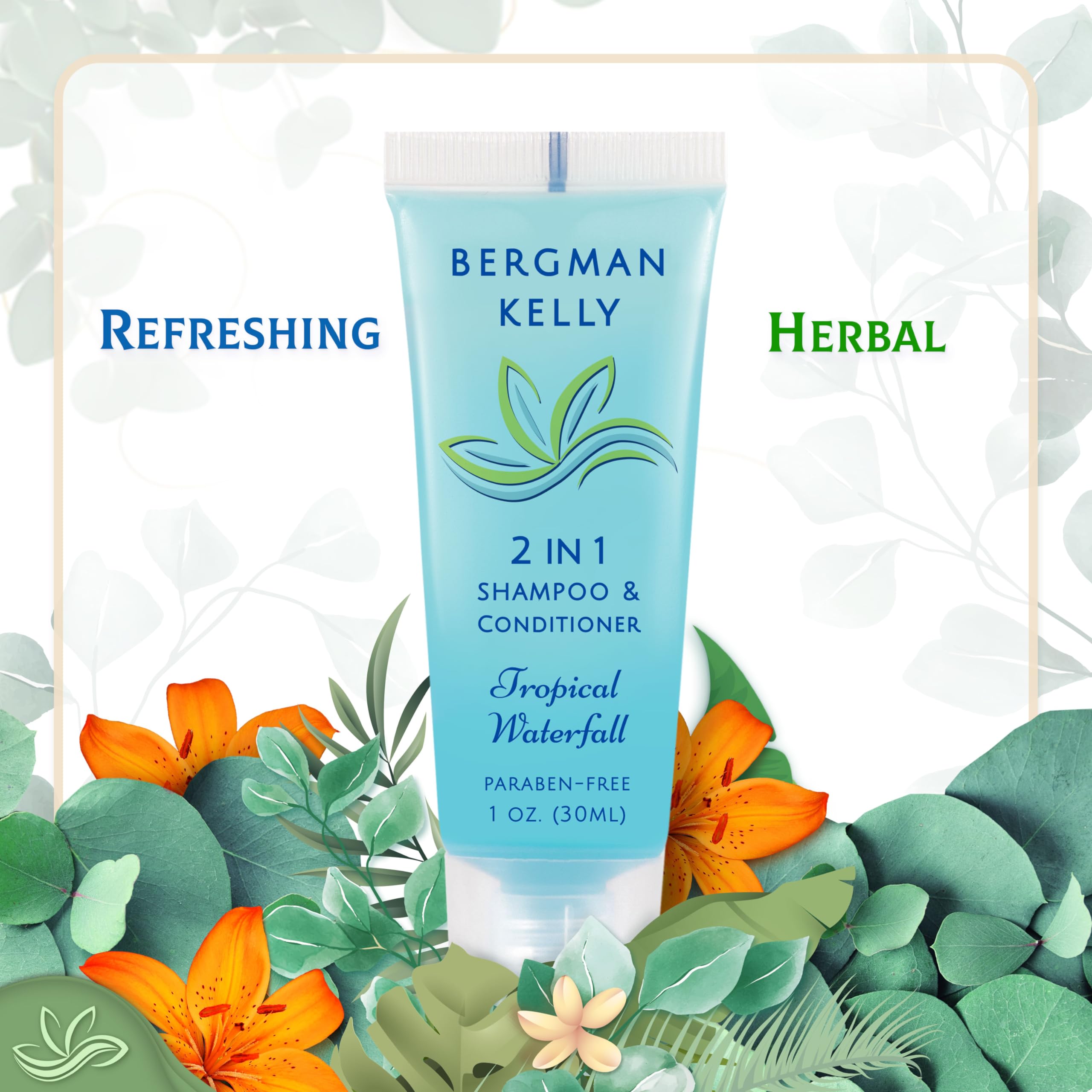 Top view of Bergman Kelly hair care amenity bottles