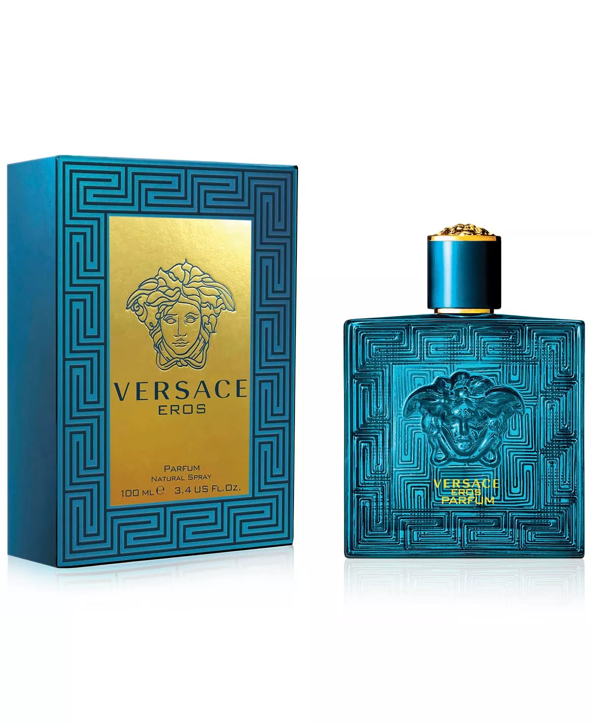 Side profile of the textured blue Versace Eros Parfum bottle featuring Greek key patterns