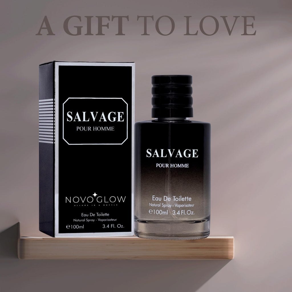 Side angle of the 100ml NovoGlow Salvage Eau de Toilette bottle highlighting scent composition labels