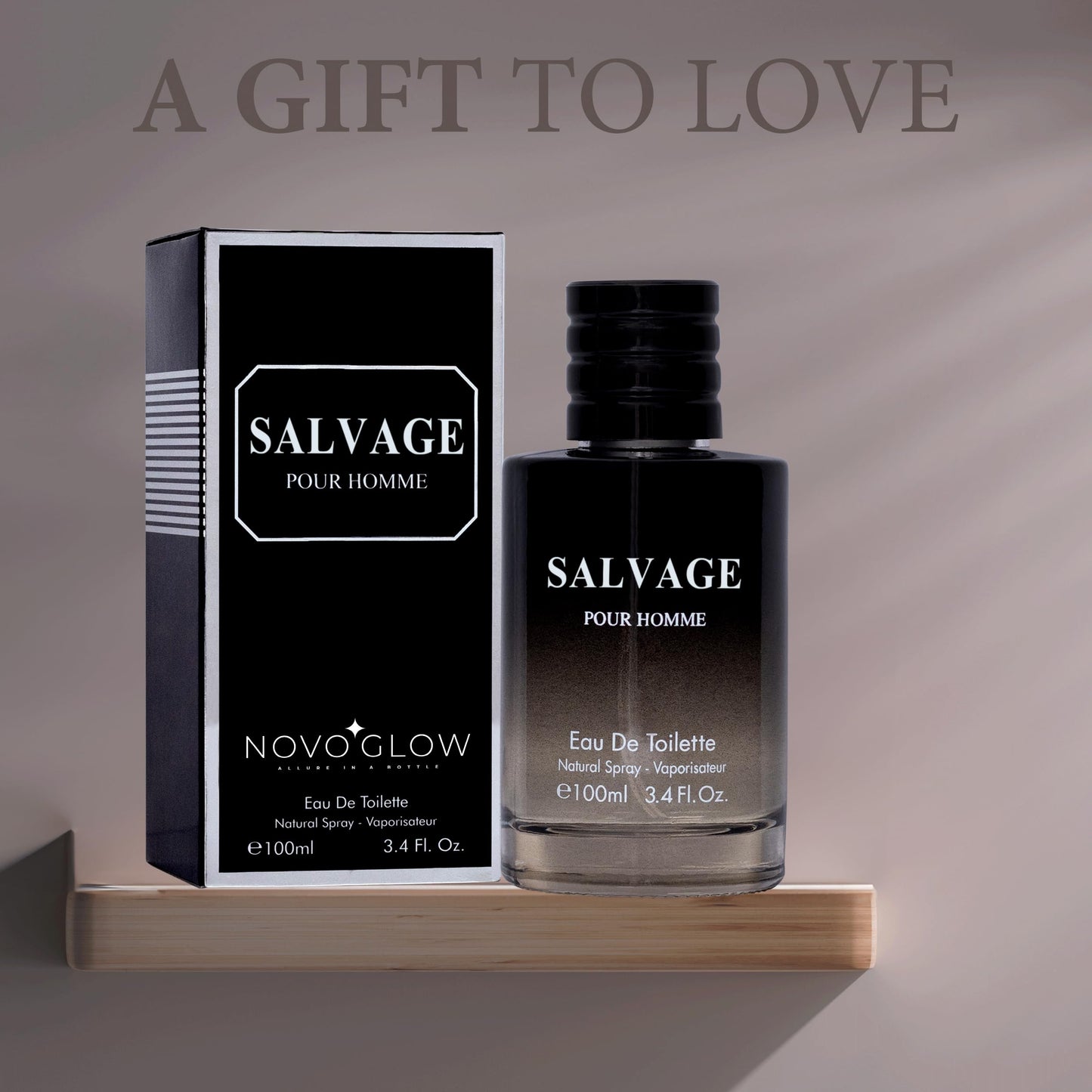 Side angle of the 100ml NovoGlow Salvage Eau de Toilette bottle highlighting scent composition labels