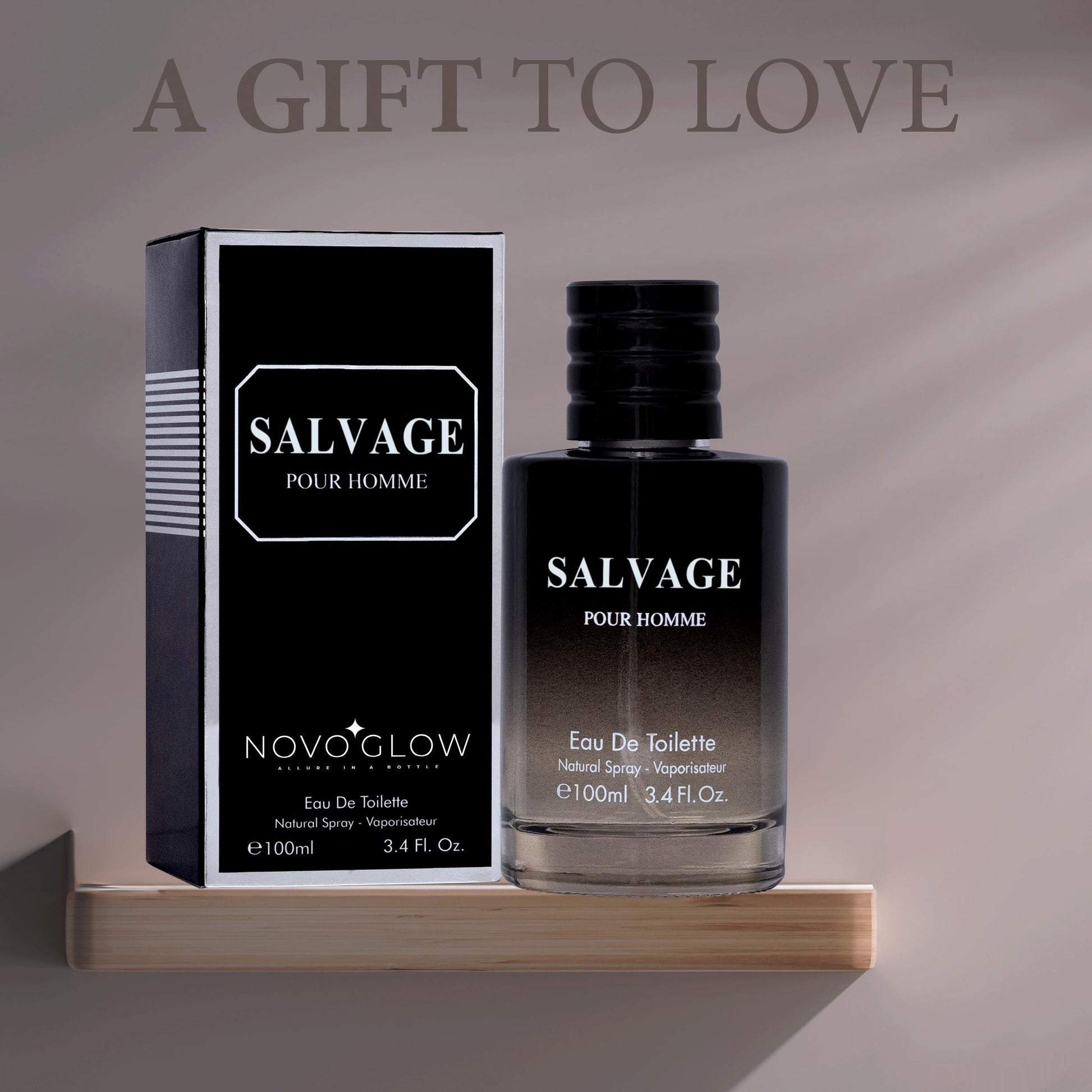 Side angle of the 100ml NovoGlow Salvage Eau de Toilette bottle highlighting scent composition labels