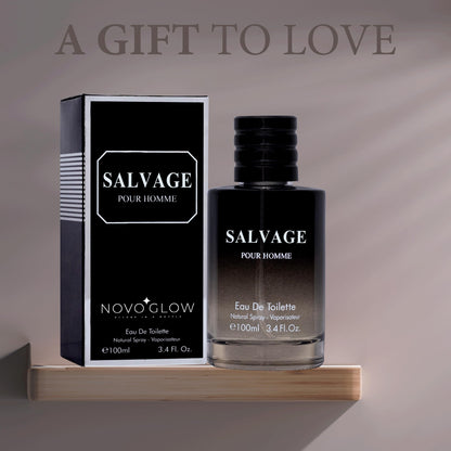 Side angle of the 100ml NovoGlow Salvage Eau de Toilette bottle highlighting scent composition labels