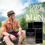 Complete product set of NovoGlow Salvage men cologne with the protective carrying pouch on a white background