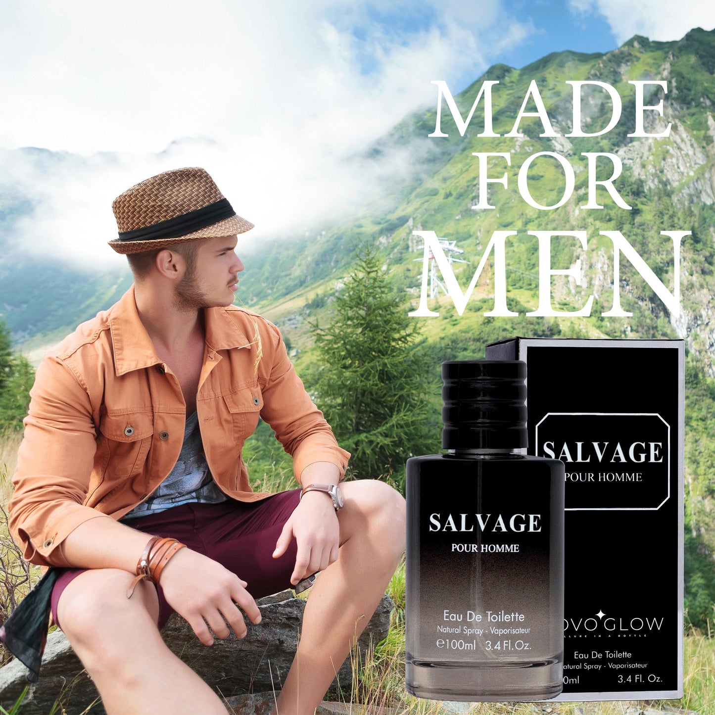 Complete product set of NovoGlow Salvage men cologne with the protective carrying pouch on a white background