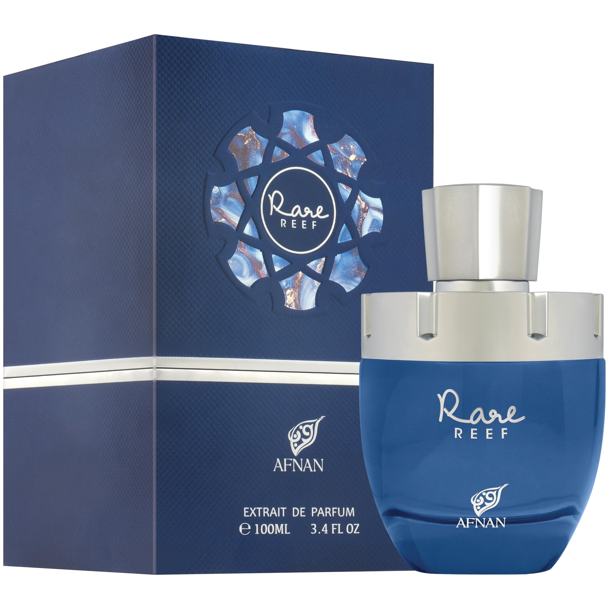 Afnan Rare Reef aromatic fruity perfume bottle placed upright showing product labeling