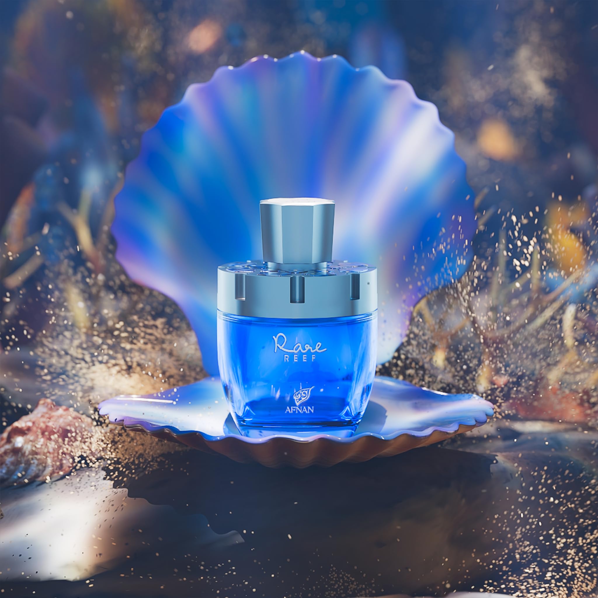 Afnan Rare Reef Extrait De Parfum designer perfume bottle showcasing the clear liquid profile