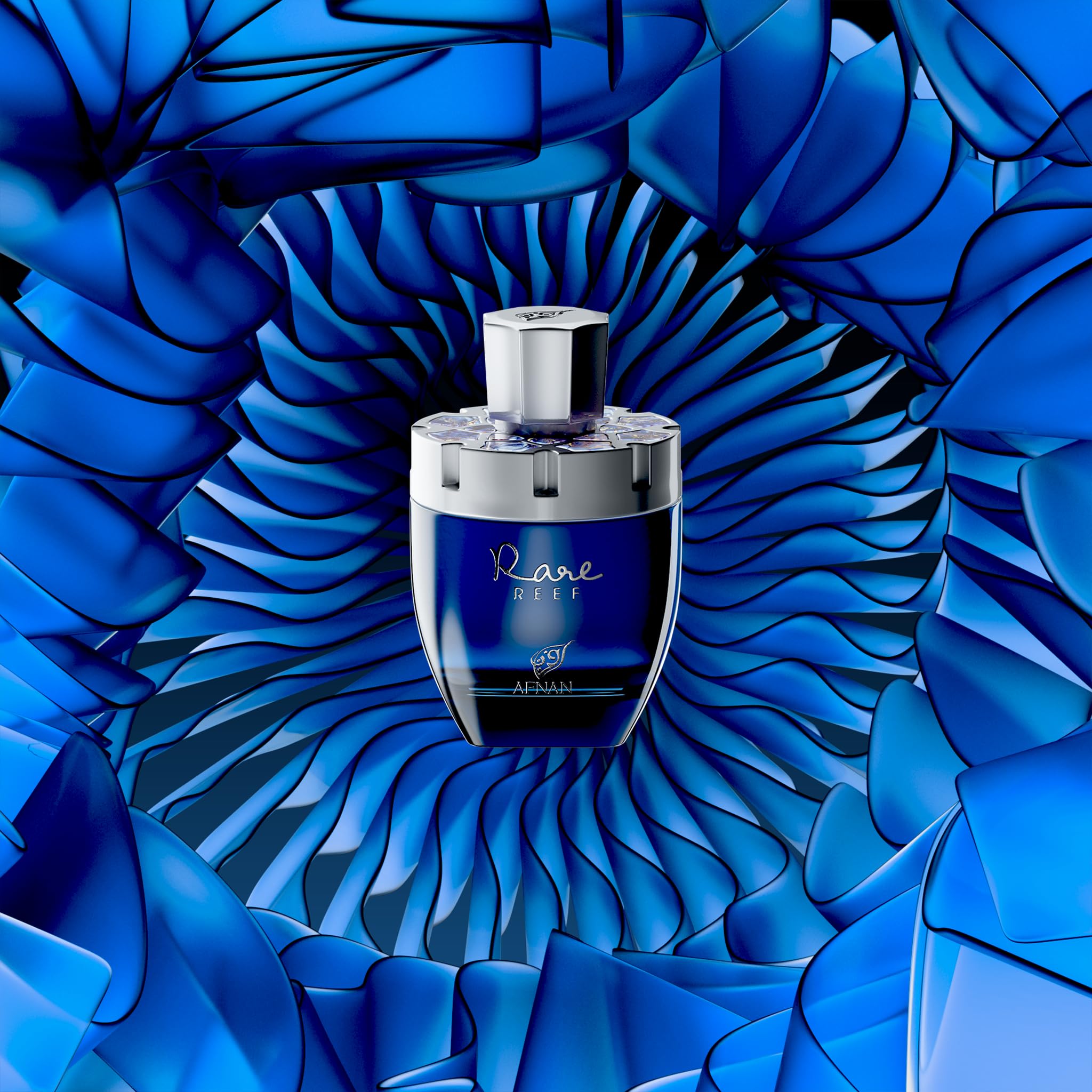 Afnan Rare Reef unisex premium fragrance 100ml spray bottle from an elegant side angle