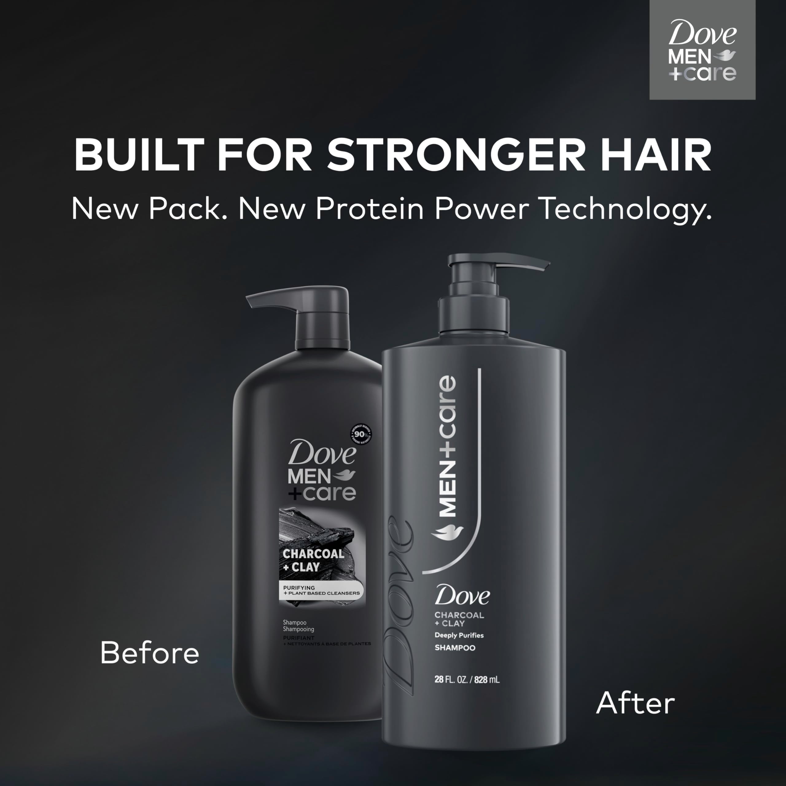 Close up of Dove Men Plus Care charcoal and clay bottle