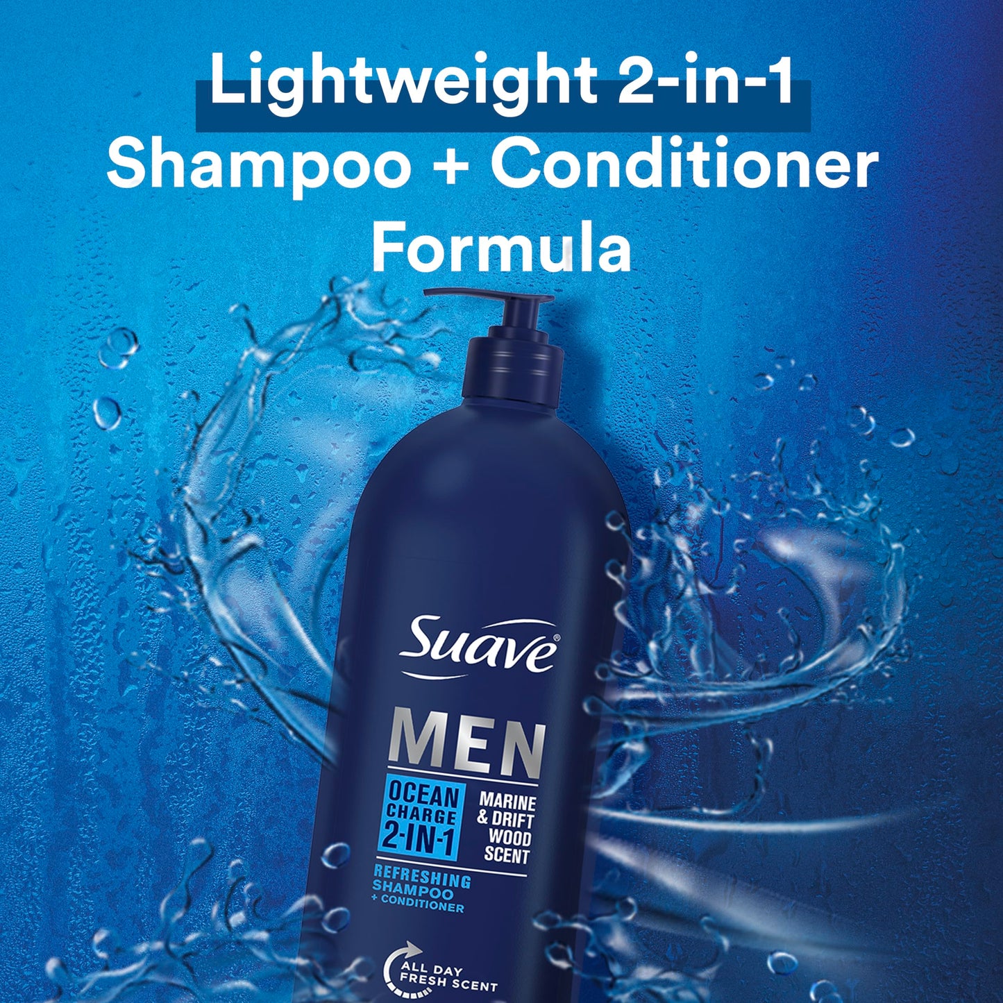 Suave Men hair care products in a modern shower setting