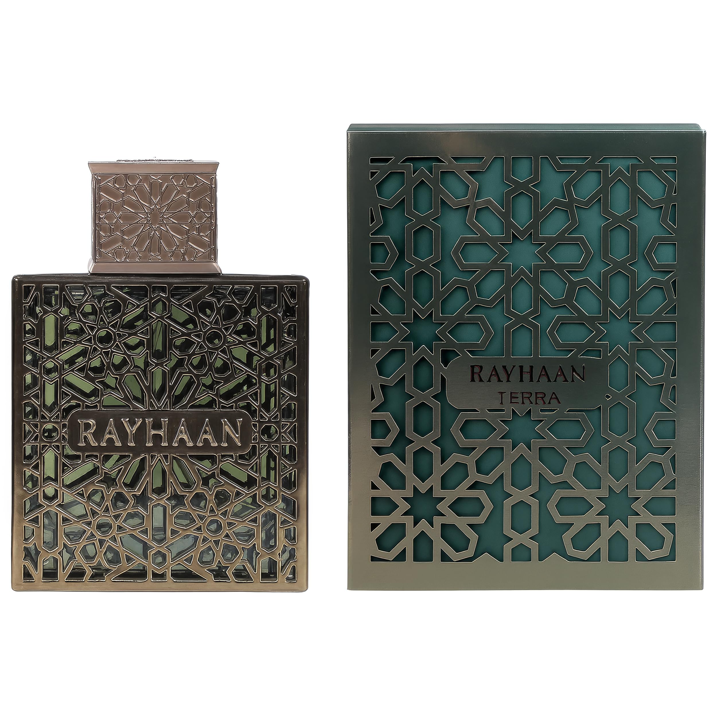 Rayhaan Terra unisex luxury perfume bottle standing upright on a clean retail display surface