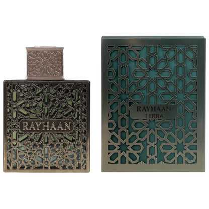 Rayhaan Terra unisex luxury perfume bottle standing upright on a clean retail display surface