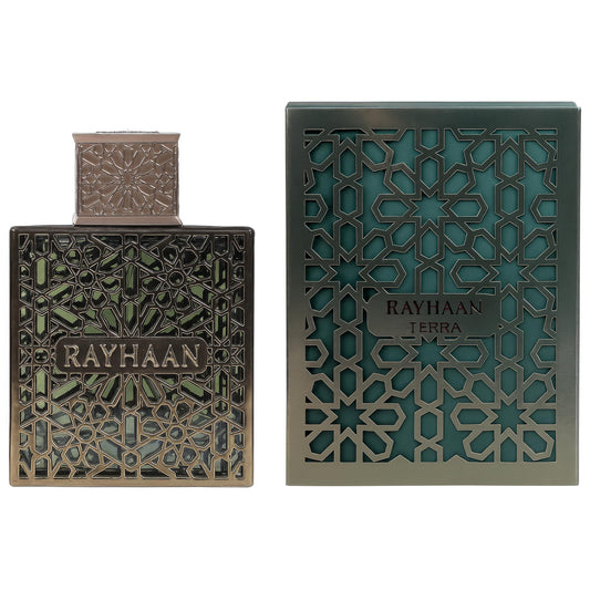 Rayhaan Terra unisex luxury perfume bottle standing upright on a clean retail display surface
