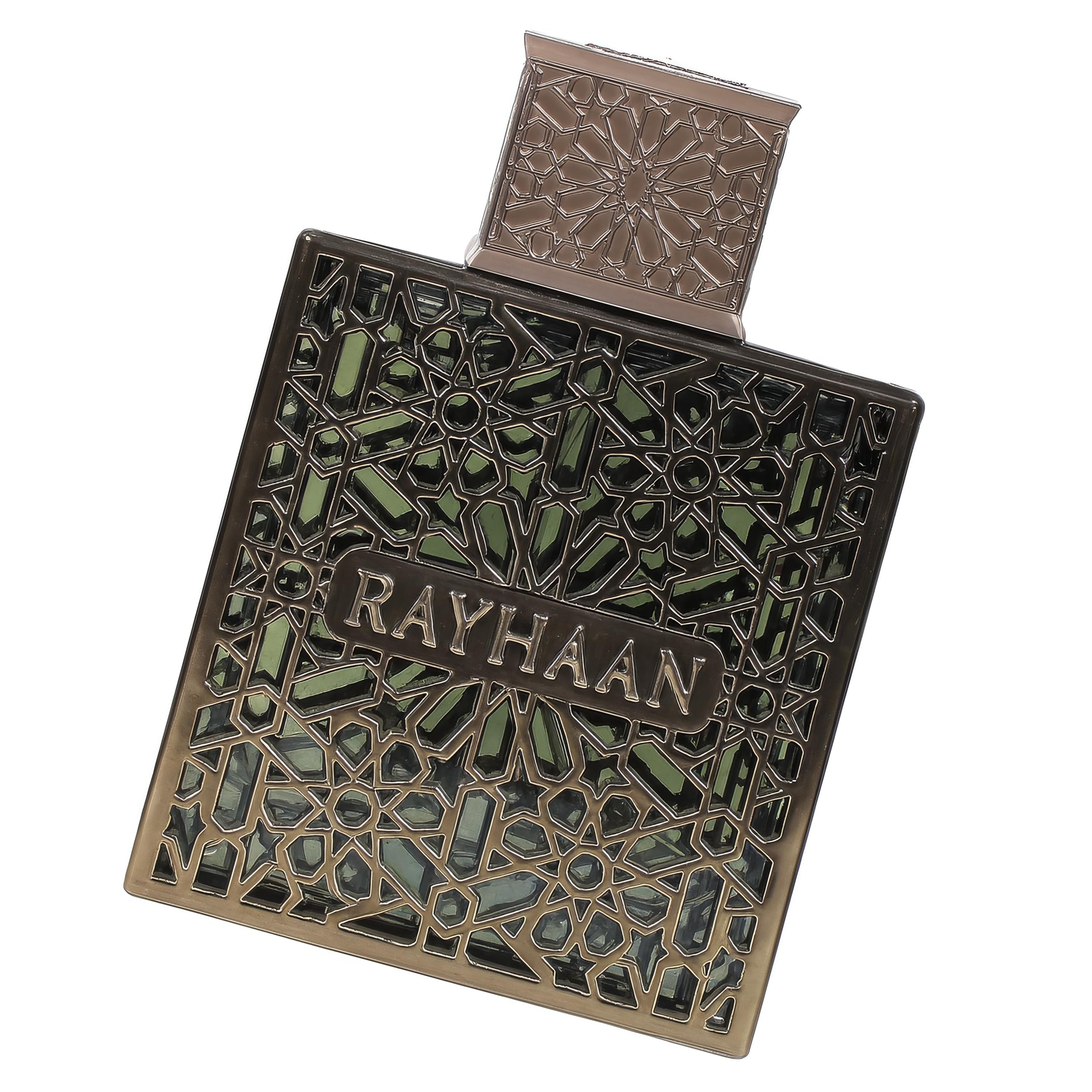 Close up of the textured metallic cage pattern on the dark glass Rayhaan Terra fragrance bottle