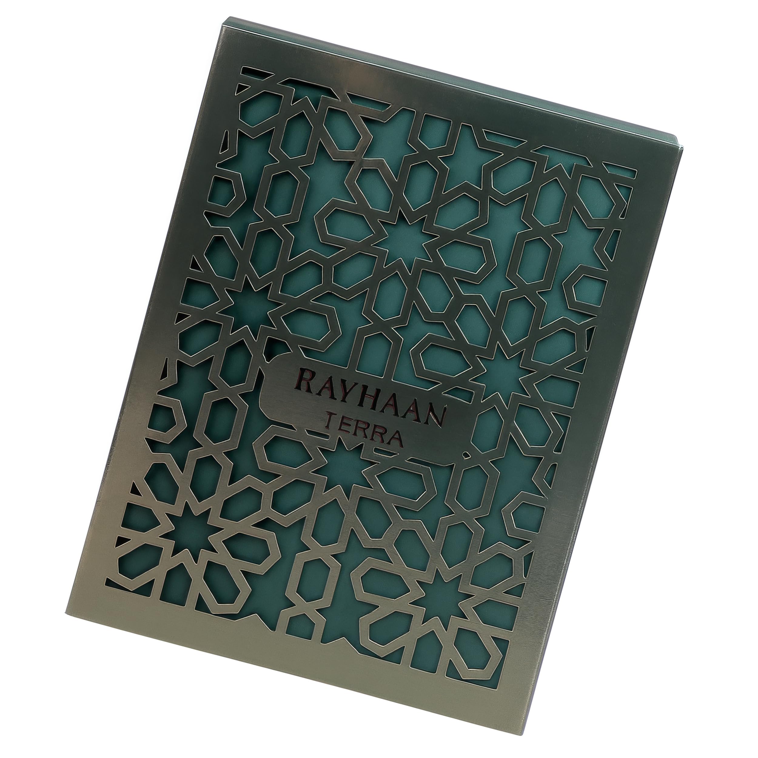 Rayhaan Terra imported unisex perfume bottle tilted slightly to reveal the rich liquid inside