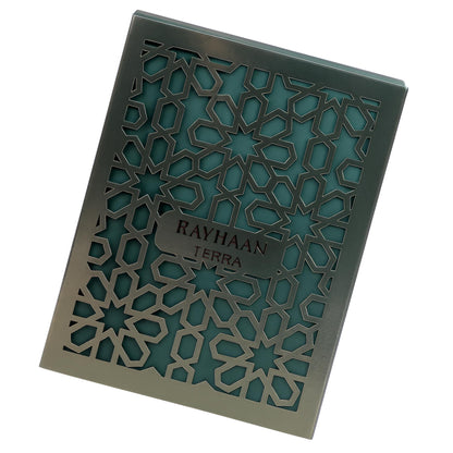 Rayhaan Terra imported unisex perfume bottle tilted slightly to reveal the rich liquid inside