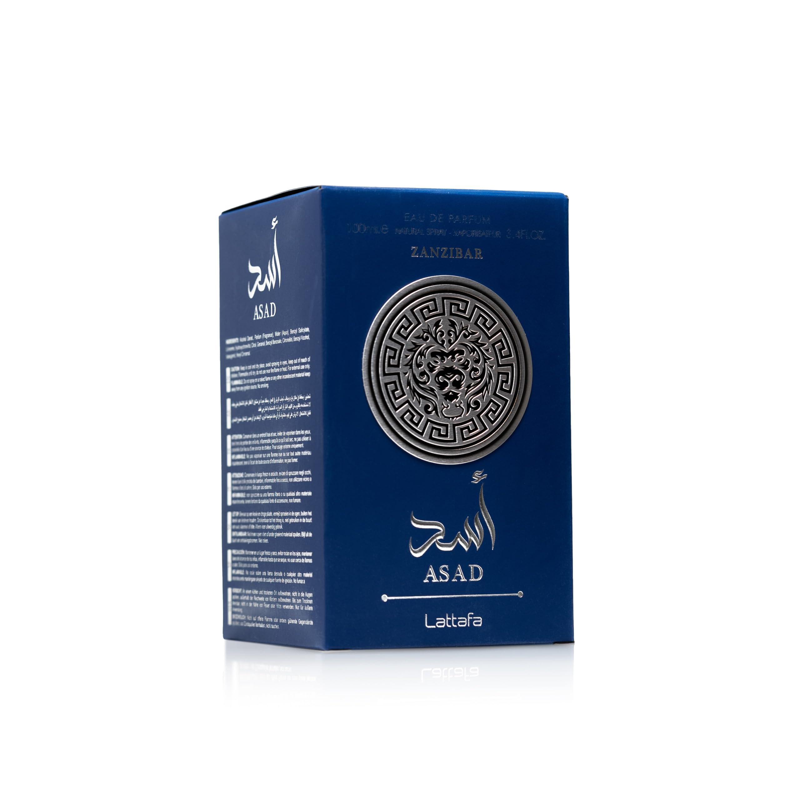 Lattafa Asad Zanzibar Eau de Parfum luxury packaging and silver emblem design