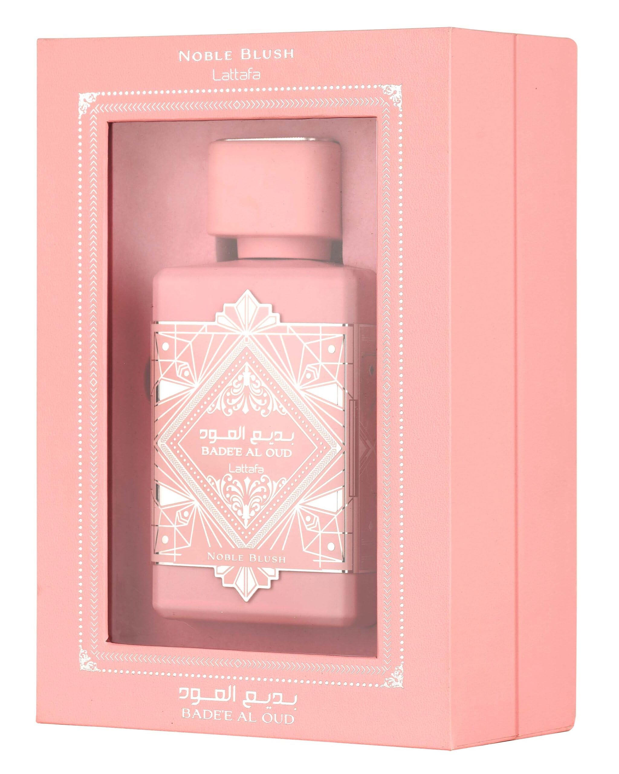 Lattafa Noble Blush long lasting unisex perfume spray close up of geometric bottle design