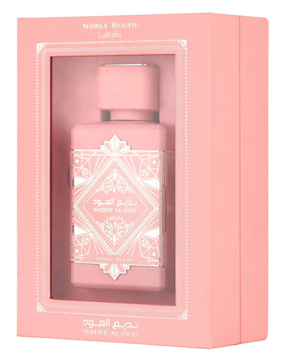 Lattafa Noble Blush long lasting unisex perfume spray close up of geometric bottle design