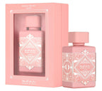 Lattafa sweet gourmand rose milk fragrance packaging box and pink bottle side by side