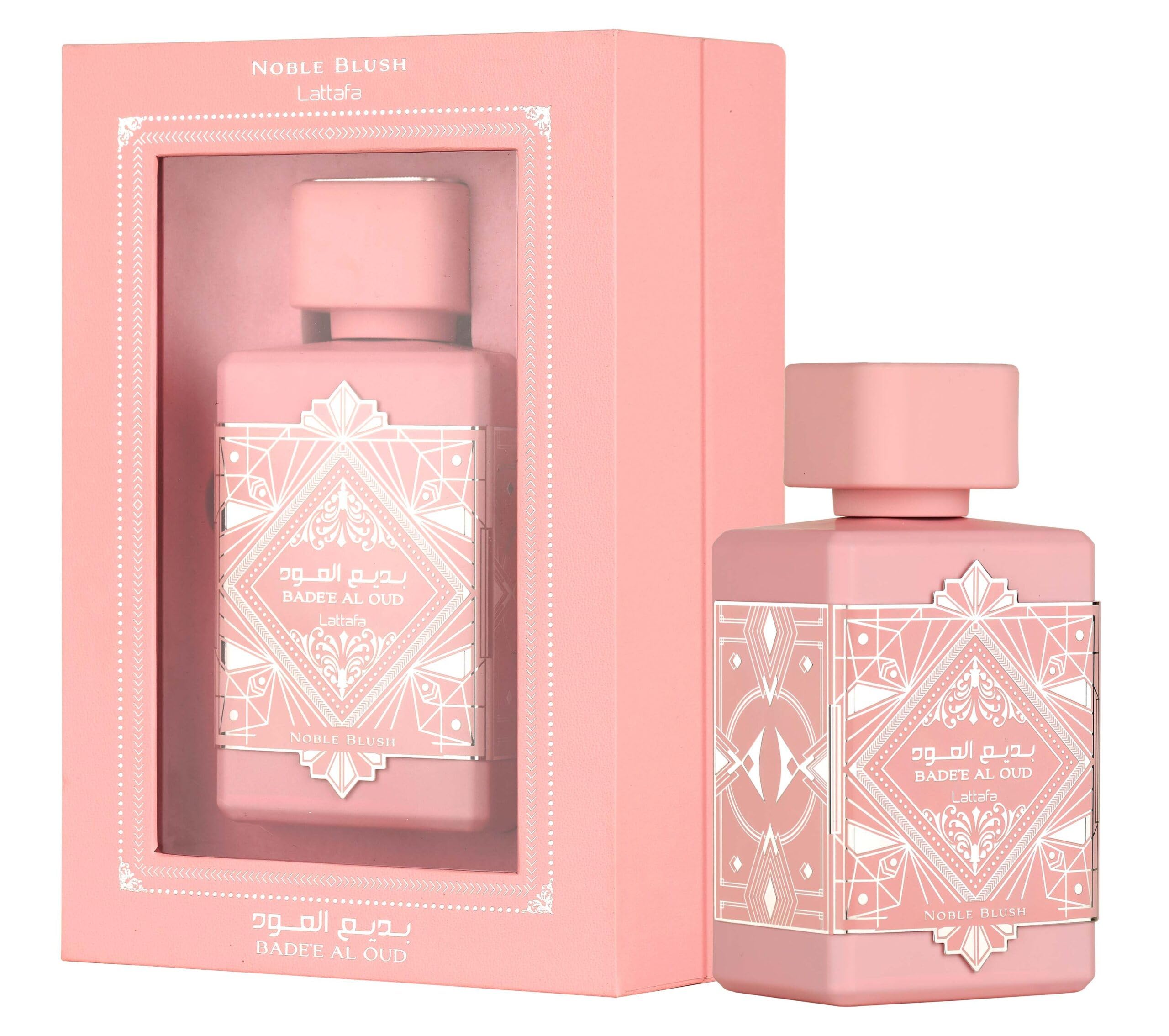 Lattafa sweet gourmand rose milk fragrance packaging box and pink bottle side by side