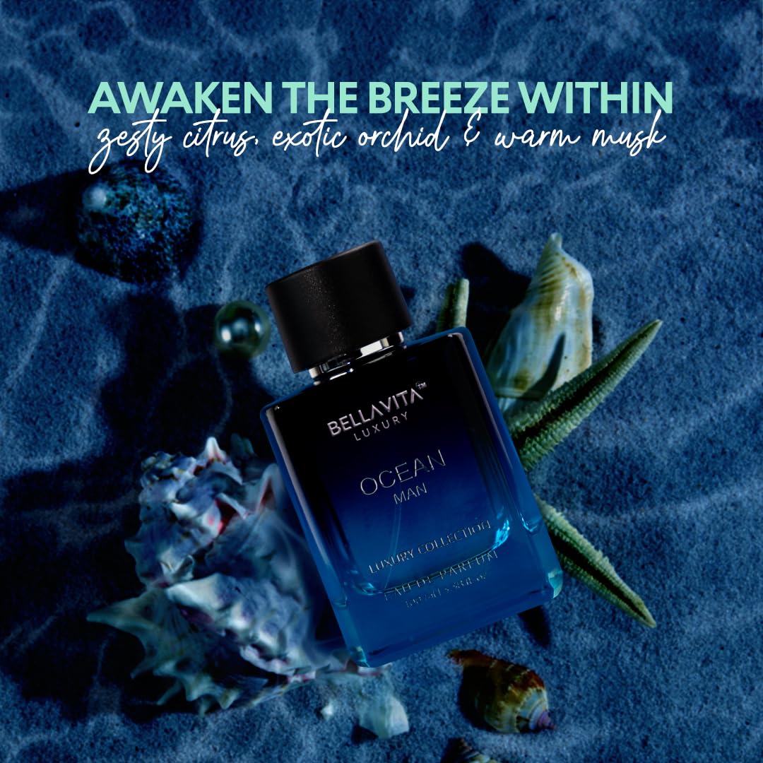Bella Vita Luxury Ocean Man 100ml packaging box and blue bottle showing ingredients list