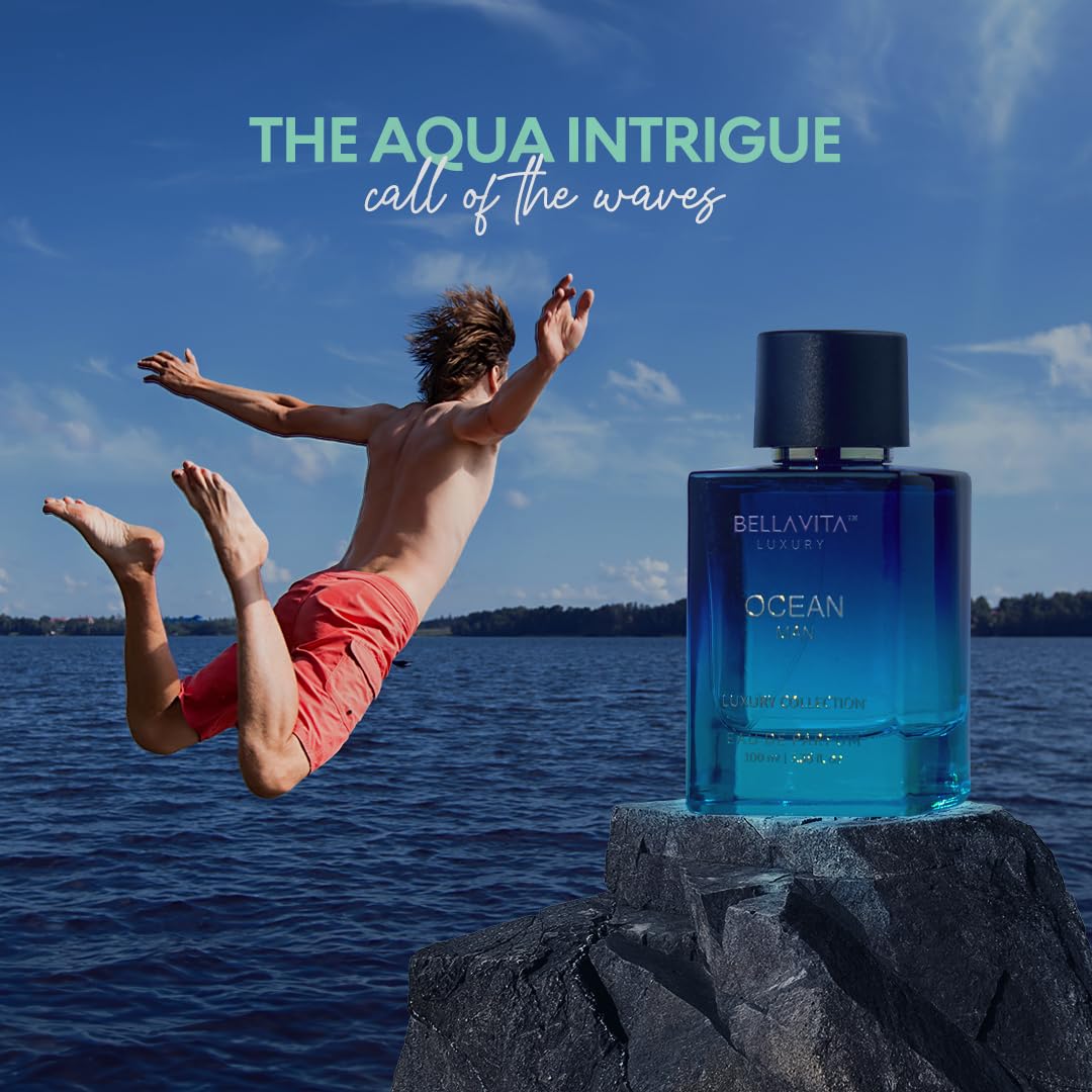 Close up of Bella Vita Luxury Ocean Eau De Parfum spray nozzle and premium blue glass bottle