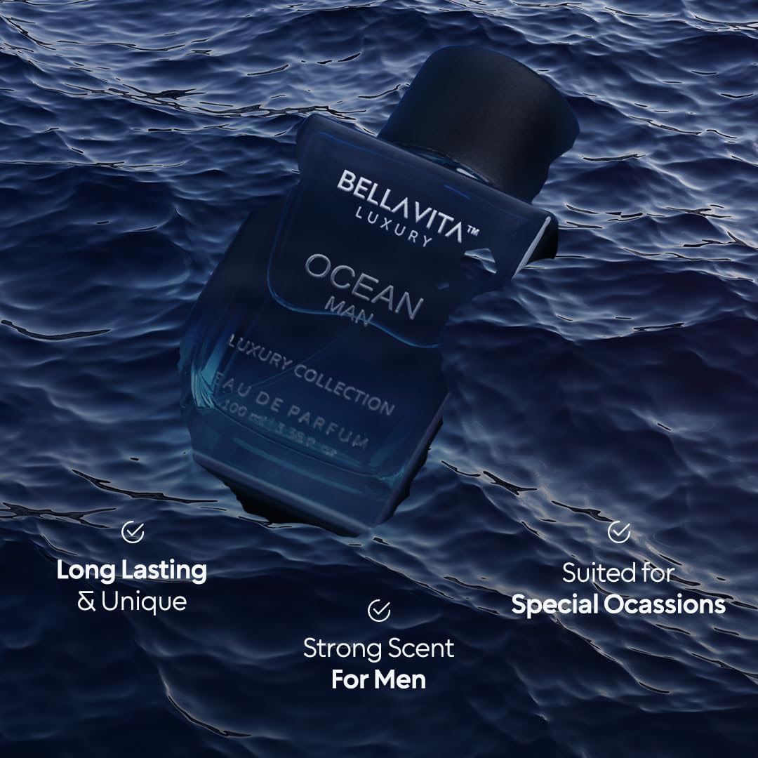 Bella Vita Luxury Ocean Man perfume bottle showcasing the clear liquid and masculine design