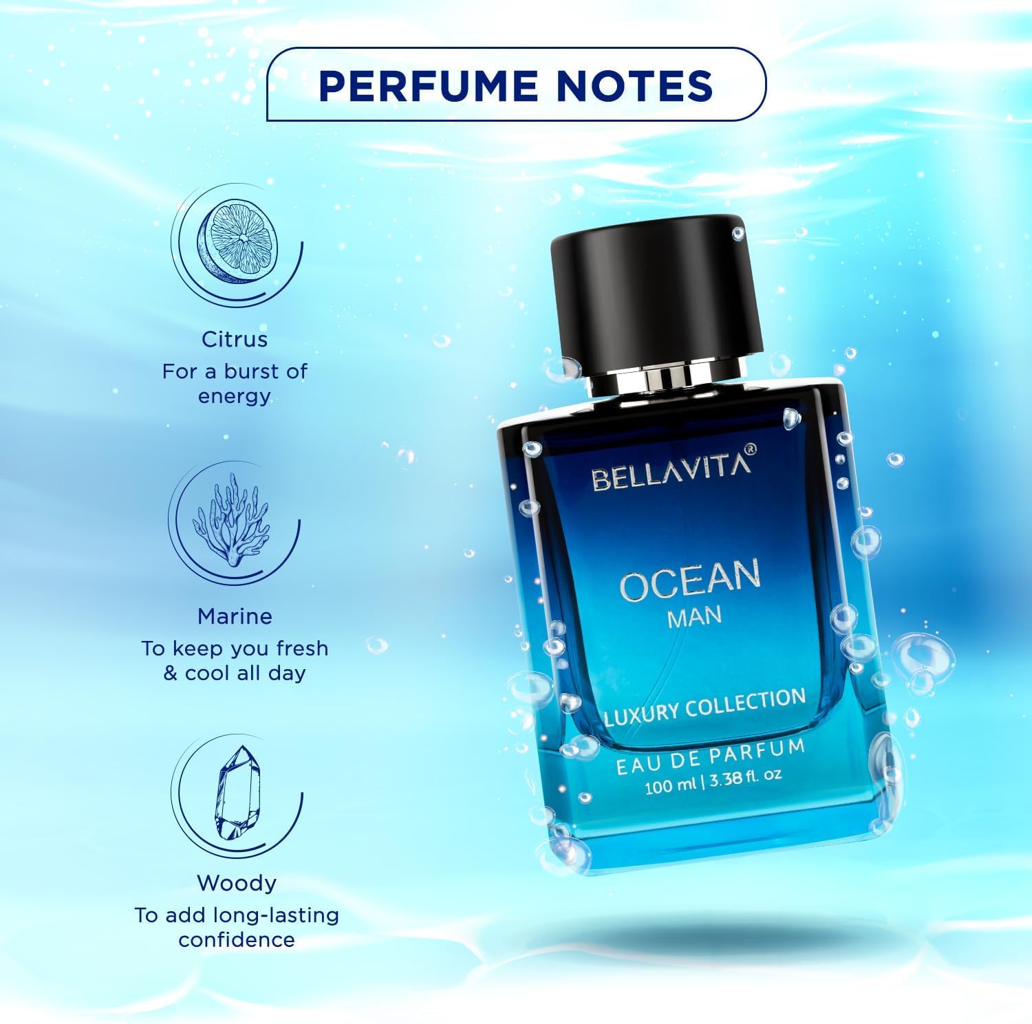 Bella Vita Luxury Ocean Man bottle held in hand illustrating the compact 100ml size travel companion