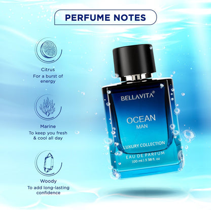 Bella Vita Luxury Ocean Man bottle held in hand illustrating the compact 100ml size travel companion