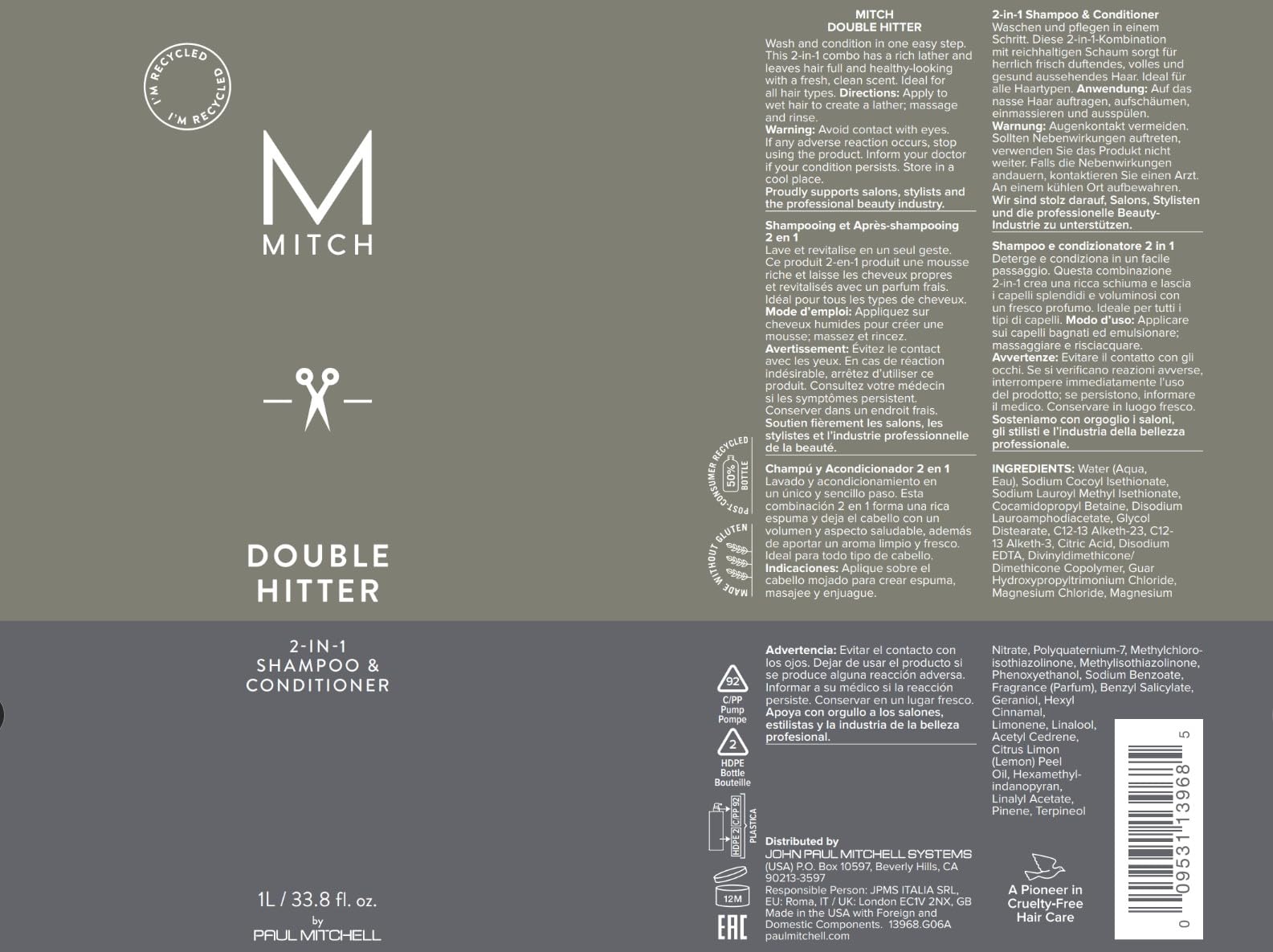 Side view of Paul Mitchell Mitch Double Hitter premium daily grooming wash for all hair types