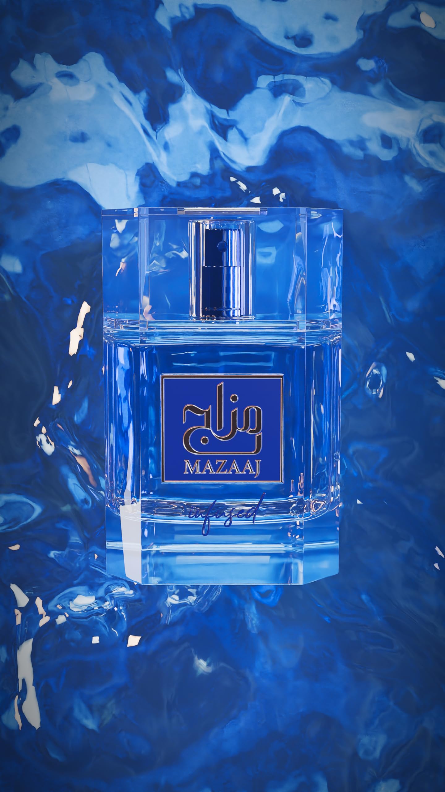 Zimaya Mazaaj Infused luxury men perfume bottle reflecting crisp blue tones against a minimalist background