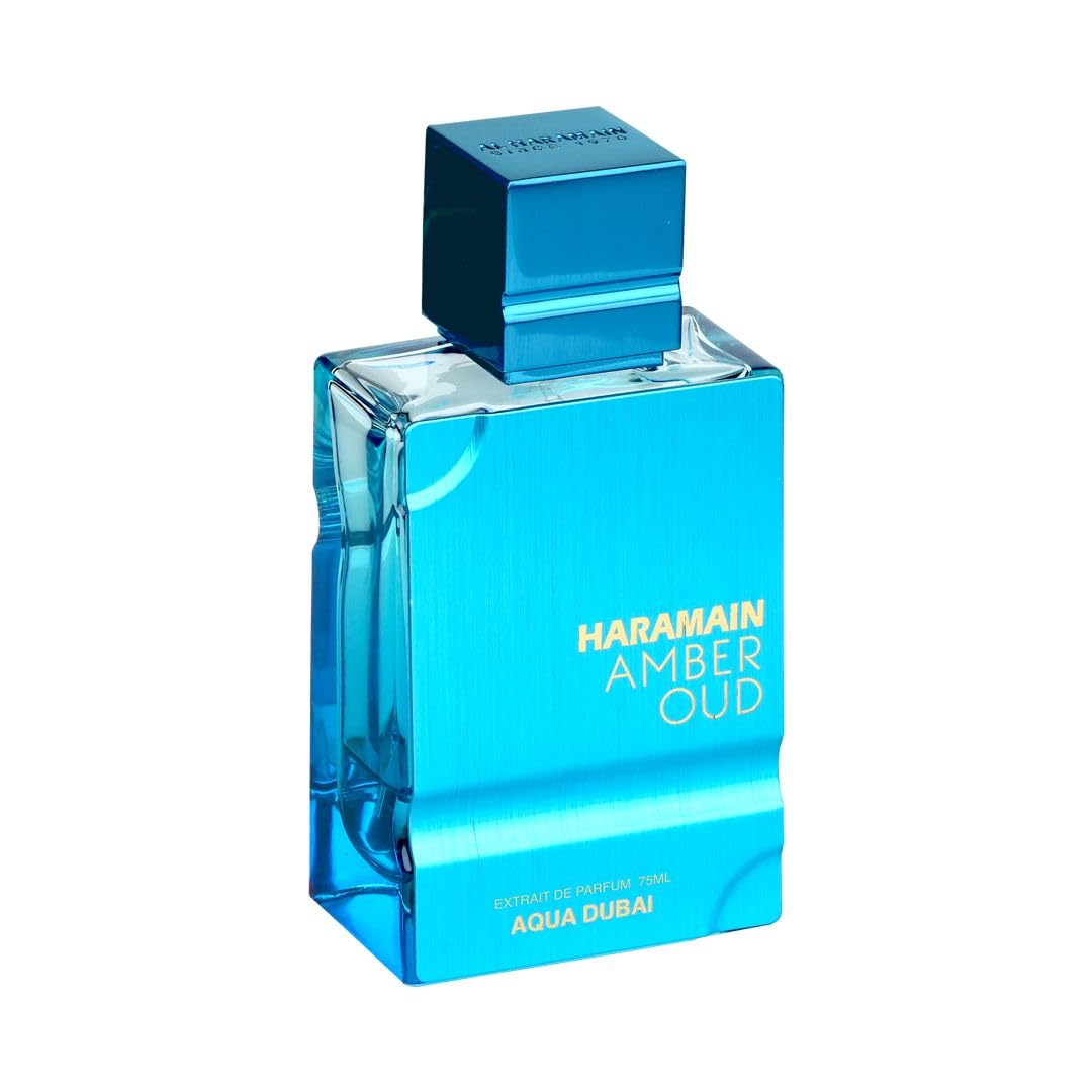 Al Haramain unisex aquatic luxury perfume bottle with metallic cap on display