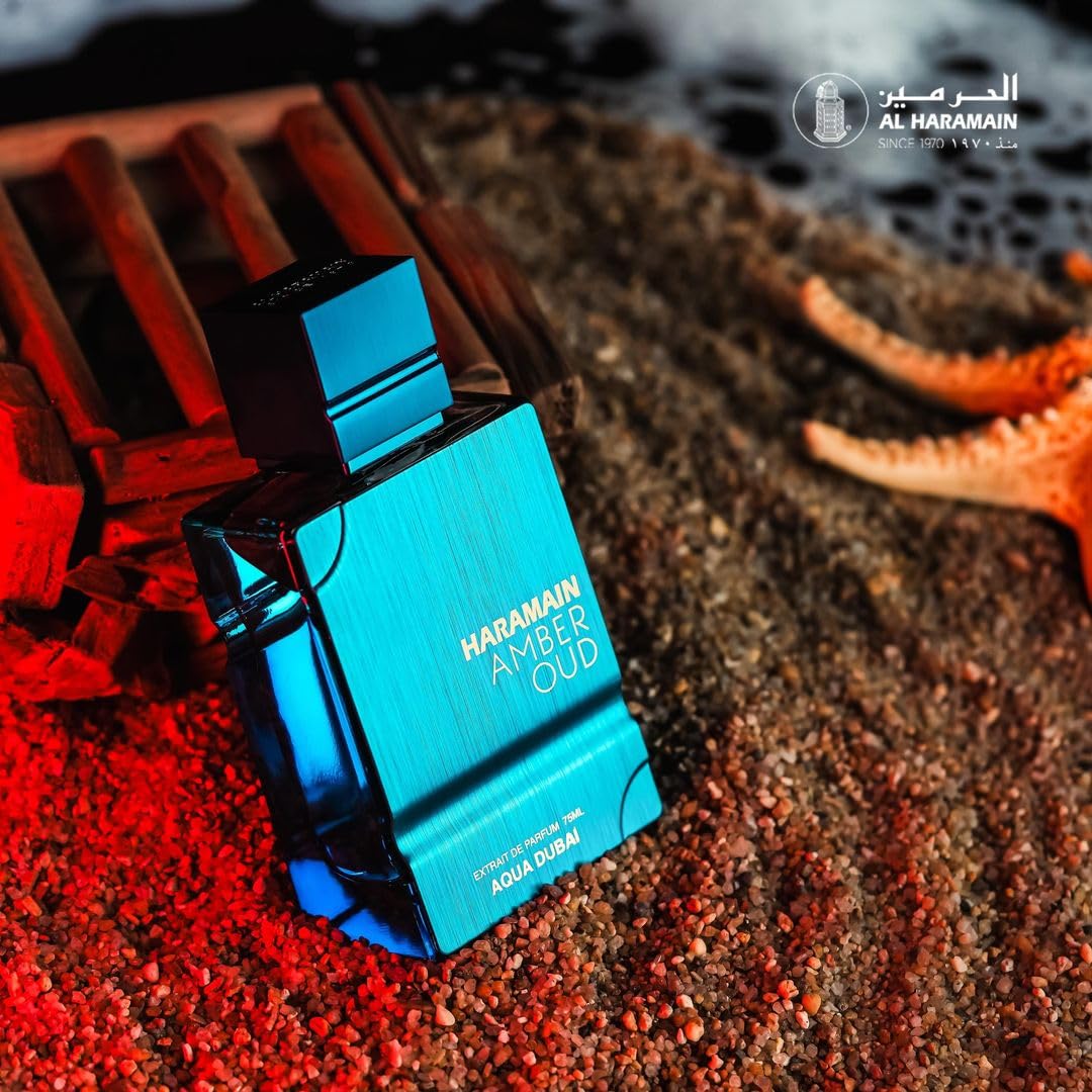 Al Haramain Amber Oud Aqua Dubai 2.5 Fluid Ounce bottle showing blue aquatic theme