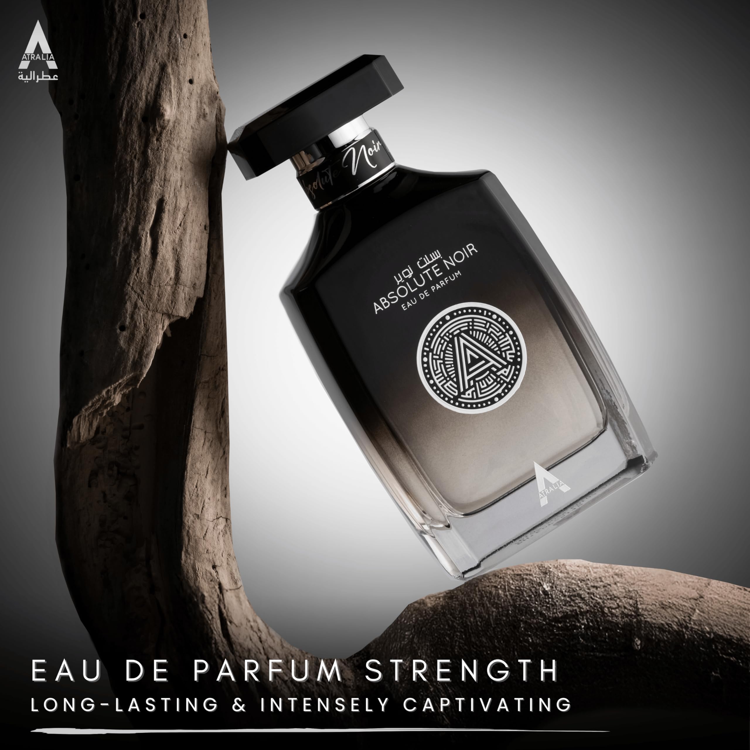 Close up of the spray nozzle on the Atralia Absolute Noir Eau De Parfum for men.
