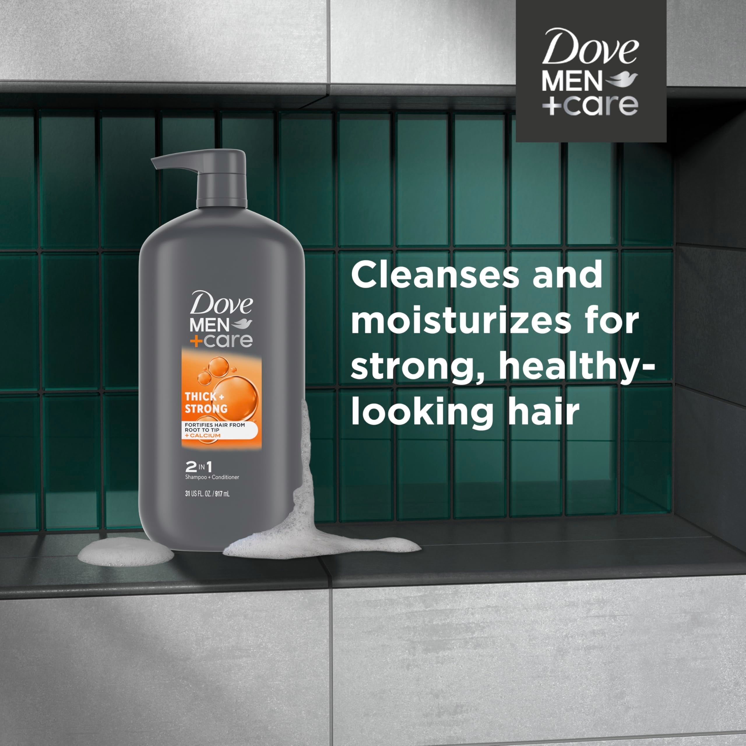 Back label of Dove Men Plus Care fortifying shampoo with ingredients