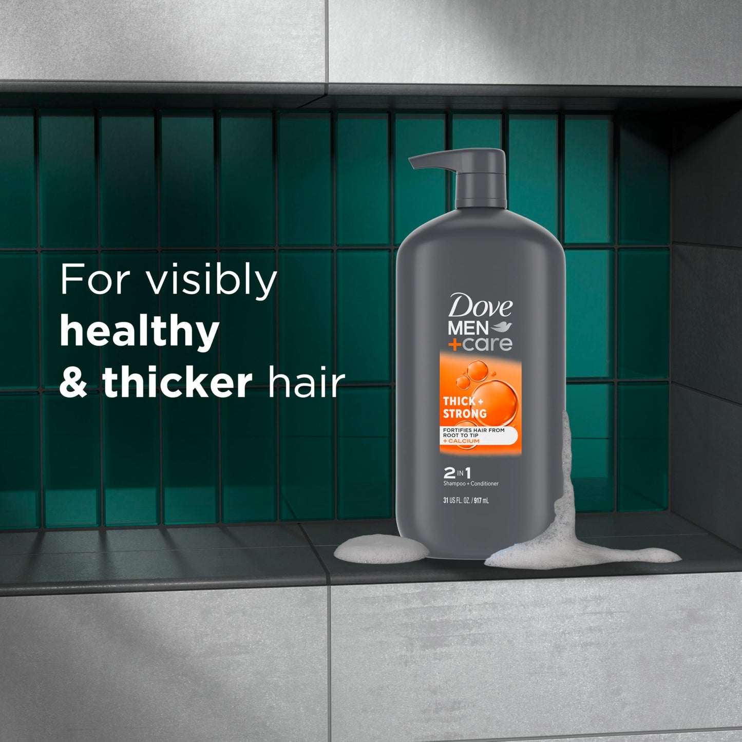Side profile of Dove Men Plus Care 2 in 1 hair care bottle