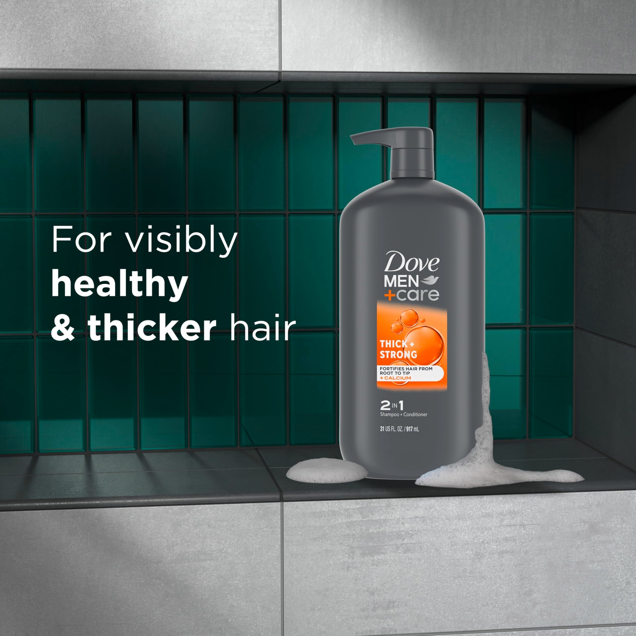 Side profile of Dove Men Plus Care 2 in 1 hair care bottle