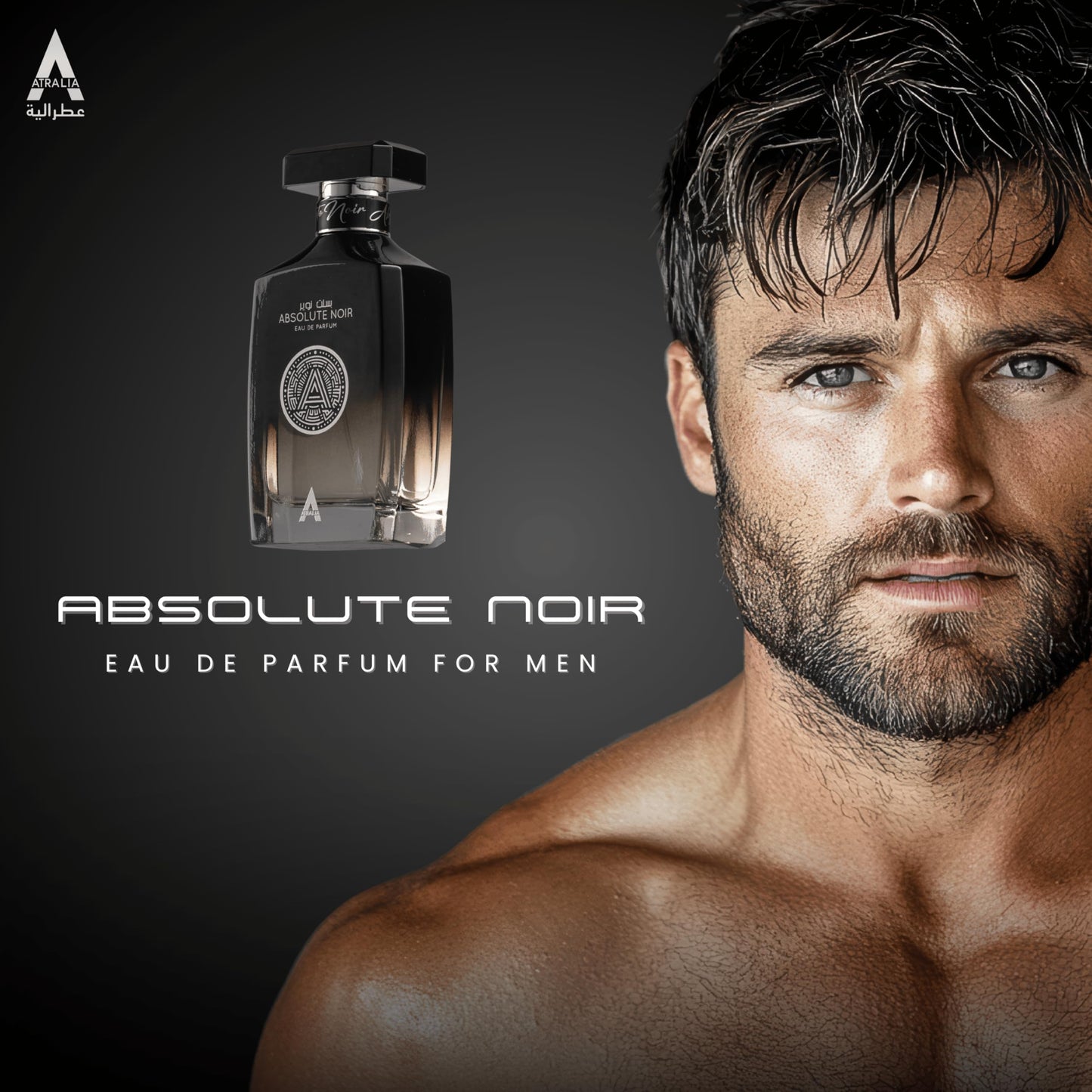 Atralia Absolute Noir Eau De Parfum bottle placed next to its original premium packaging box.