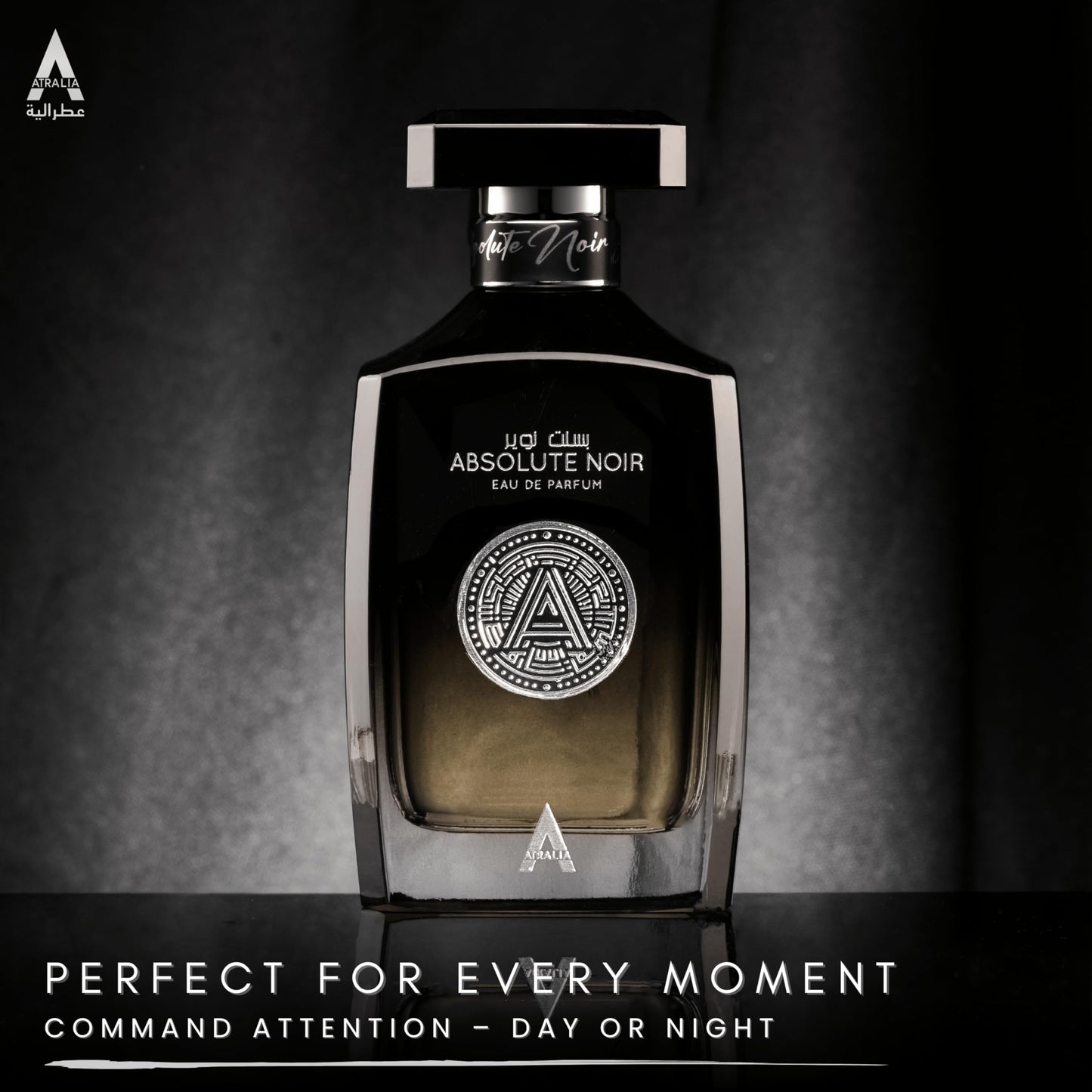 Full presentation setup of the imported Atralia Absolute Noir Eau De Parfum for Indian consumers.