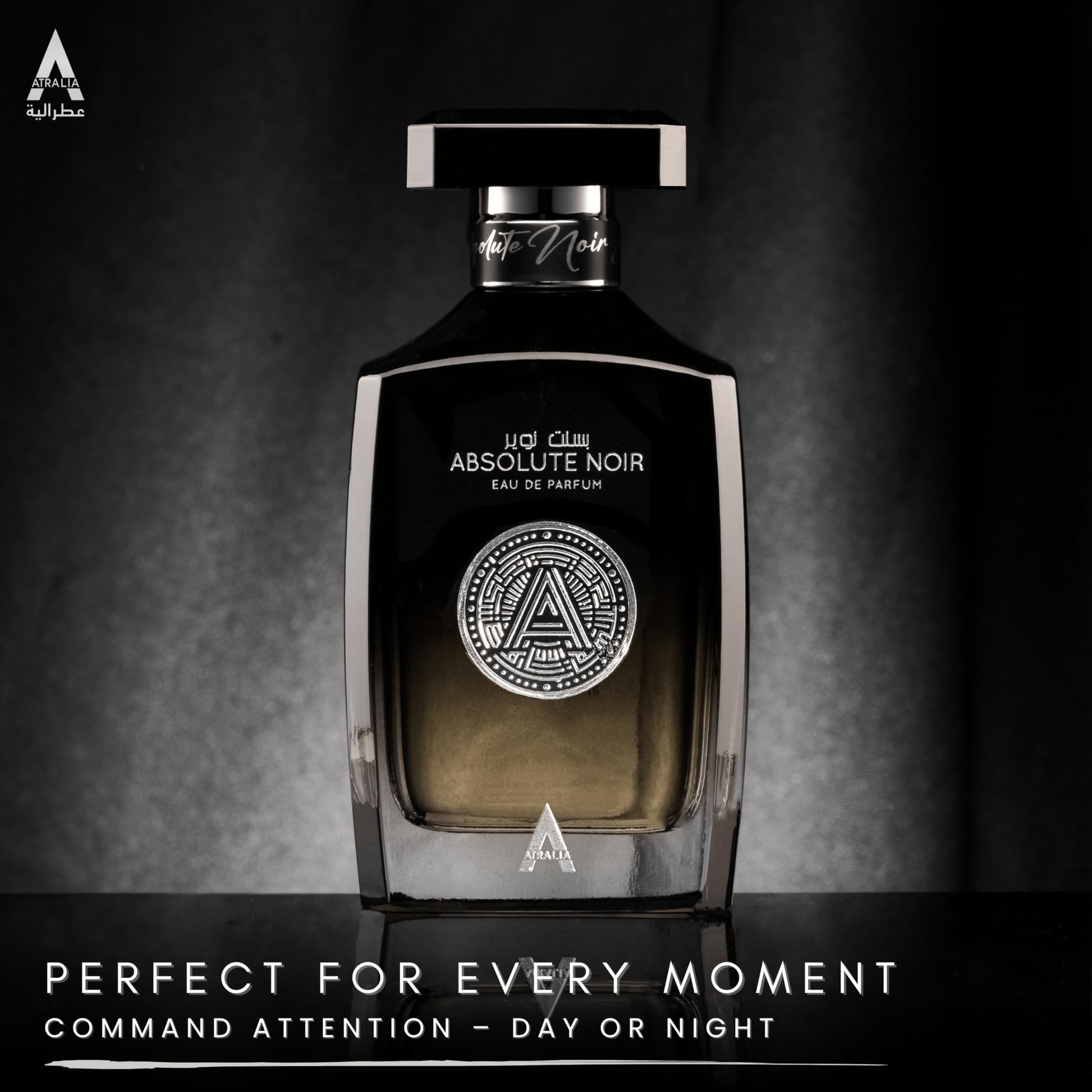 Full presentation setup of the imported Atralia Absolute Noir Eau De Parfum for Indian consumers.